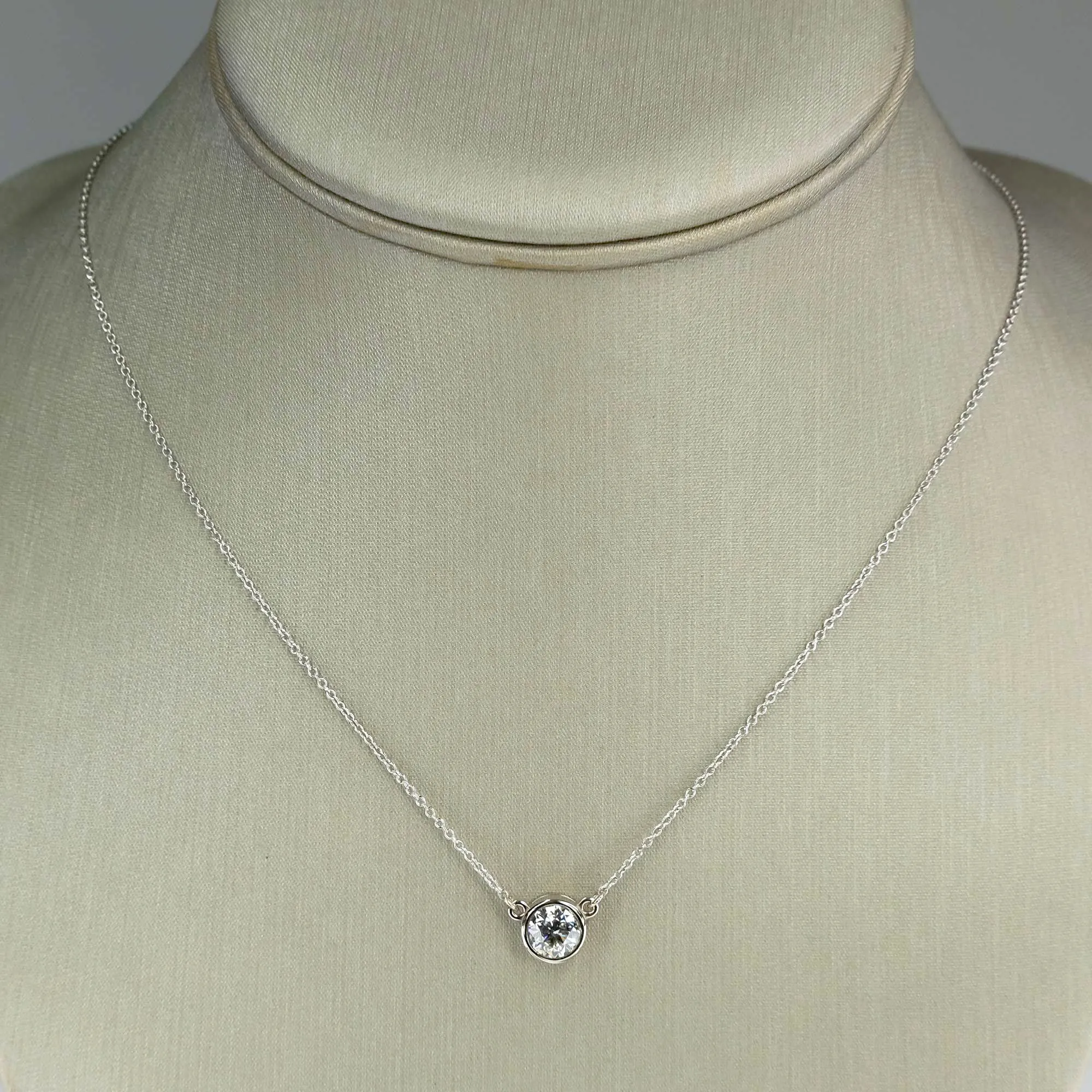 0.98ct Round Diamond Solitaire 18" Bezel Pendant Necklace in 14K White Gold