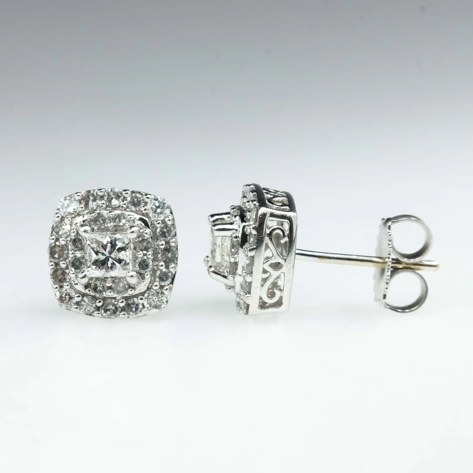 1.32ctw Princess Cut Double Halo Diamond Stud Earrings in 14K White Gold