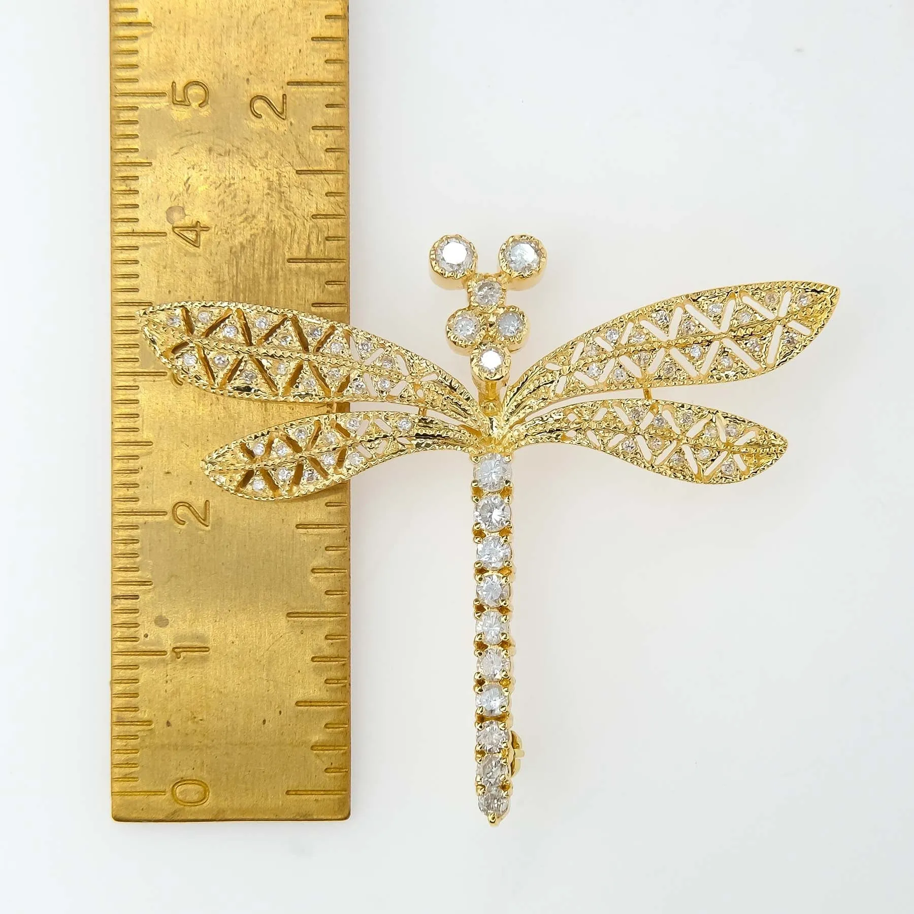 1.40ctw Diamond Dragonfly Openwork Filigree Pin in 18K Yellow Gold