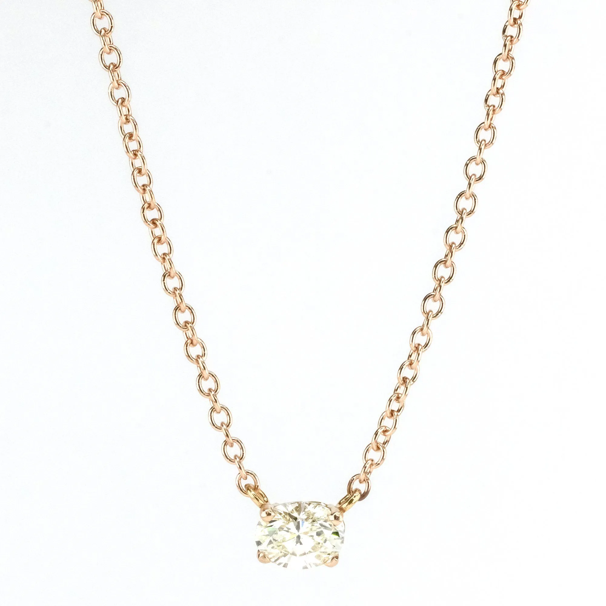 14K Rose Gold 0.59ct Oval Diamond East West Fixed Pendant on 16" Cable Necklace