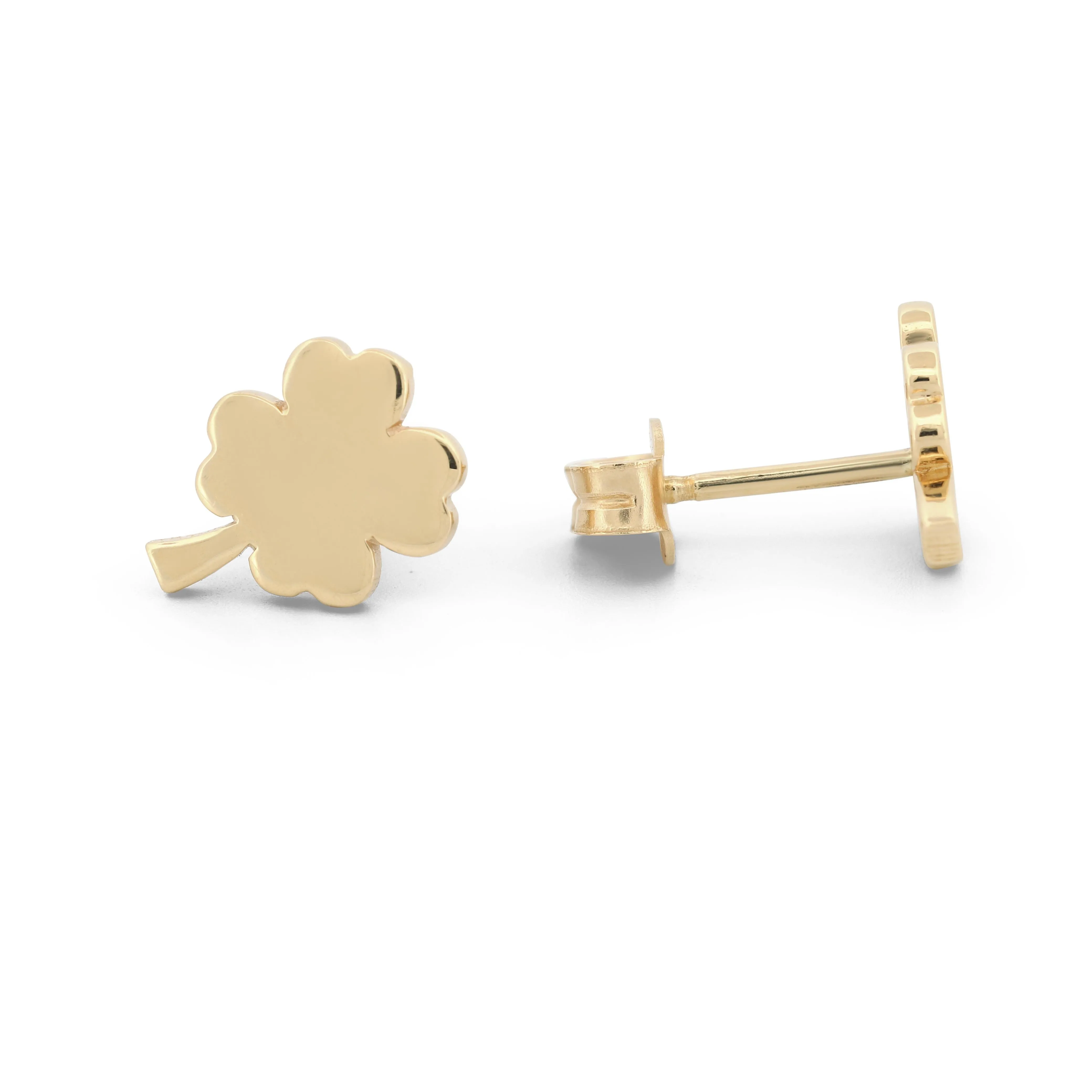 14k Yellow Gold Lucky Charm Four-Leaf Clover Stud Earrings New