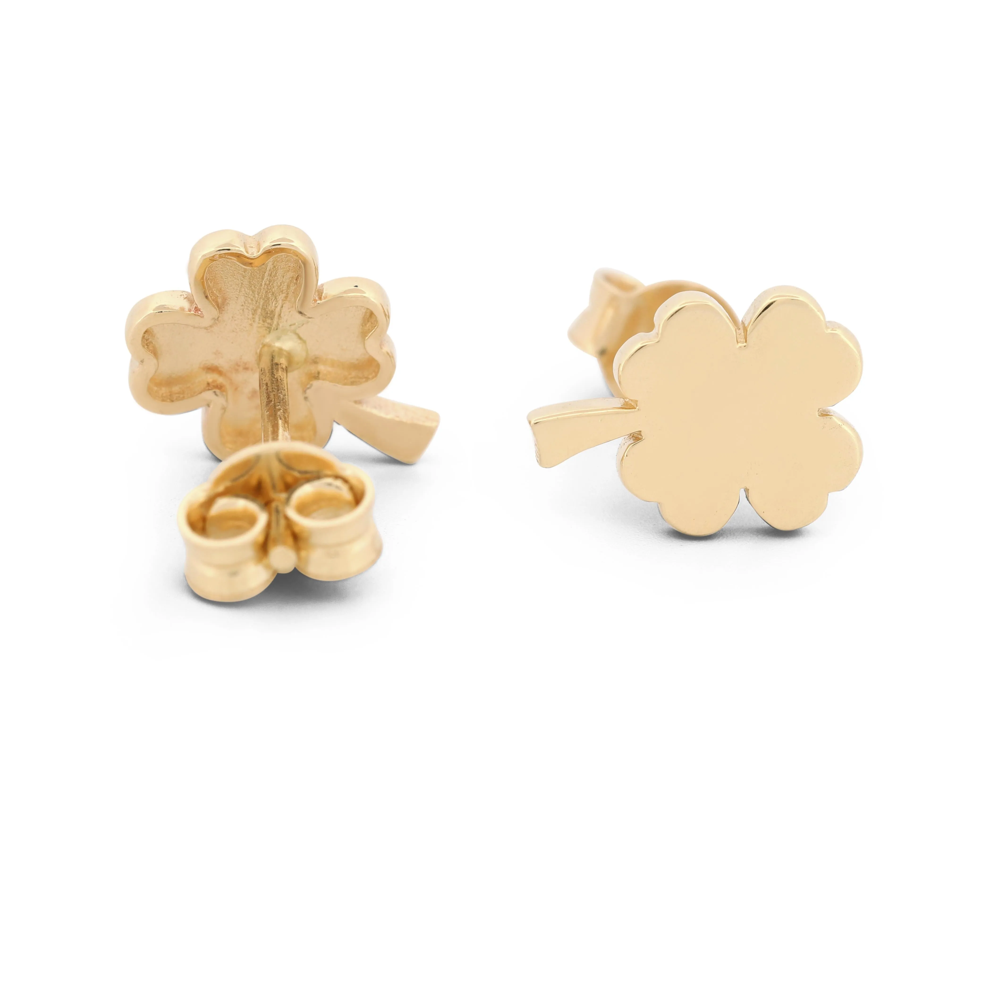 14k Yellow Gold Lucky Charm Four-Leaf Clover Stud Earrings New