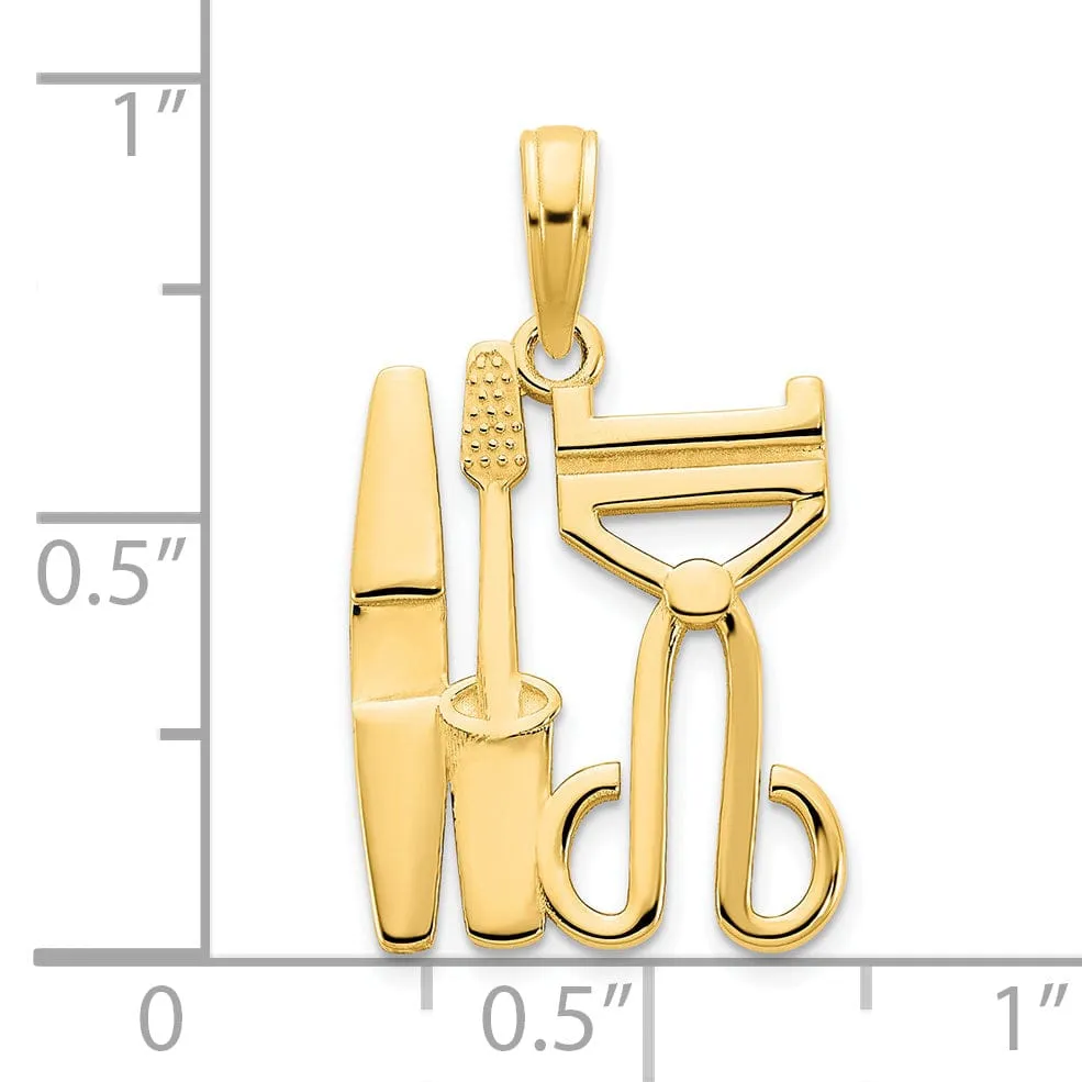 14k Yellow Gold Polished Finish Flat Back Women's Cosmetics Set Design Charm Pendant