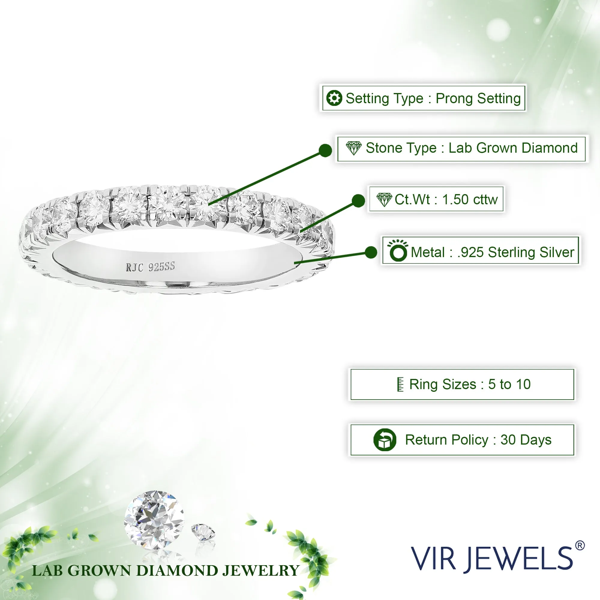 1.50 cttw Lab Grown Diamond Eternity Wedding Band Sterling Silver