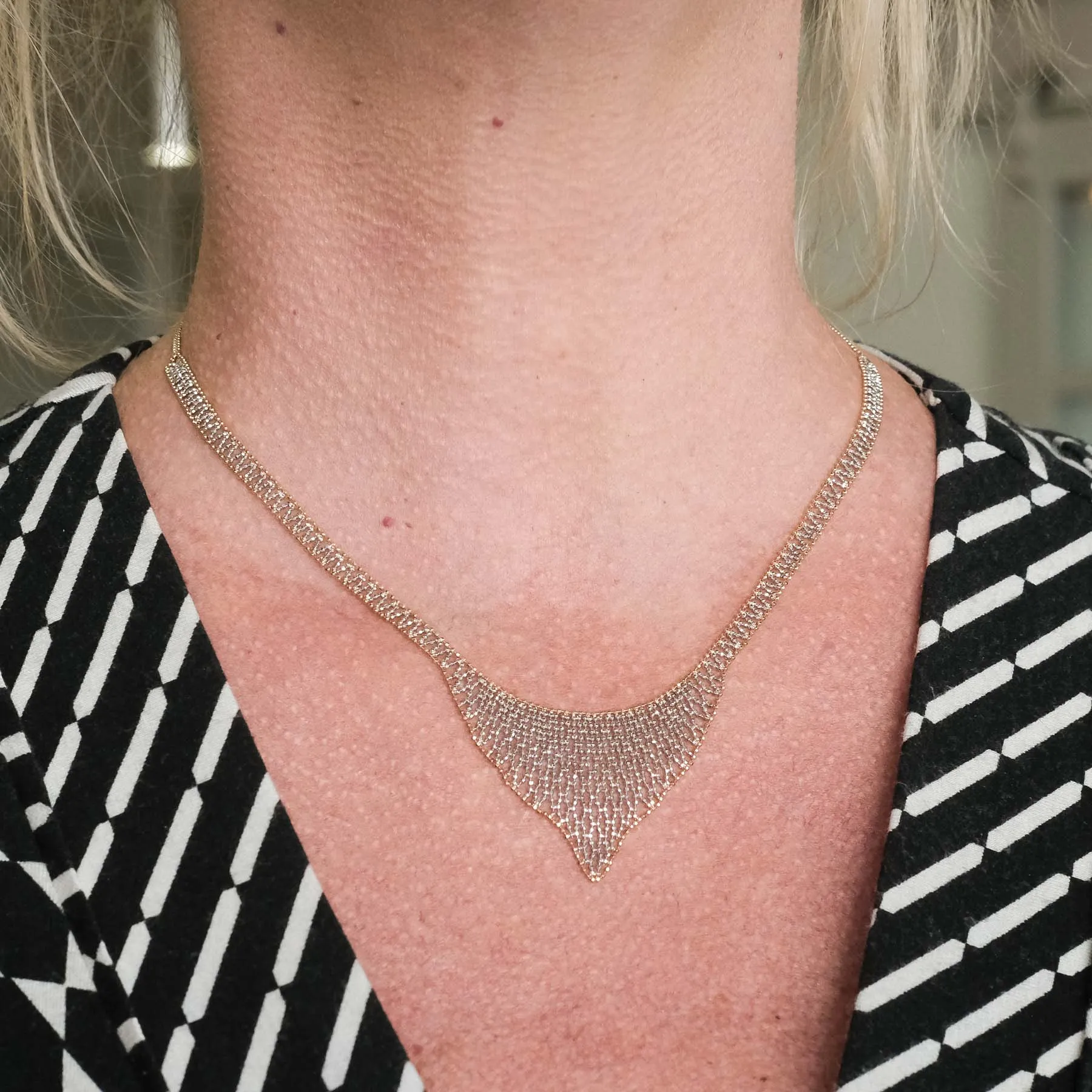 17" Beaded Mesh Bib Necklace in Two Tone 14K Gold