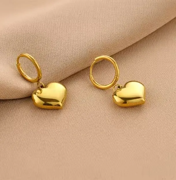 18k Gold Plated Dangling Heart Shape Electroplated 3D Hoop Earrings