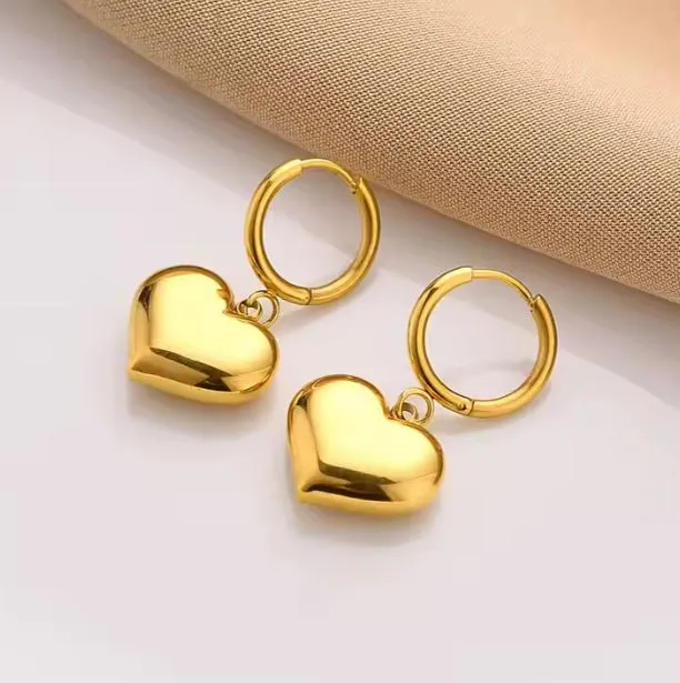 18k Gold Plated Dangling Heart Shape Electroplated 3D Hoop Earrings