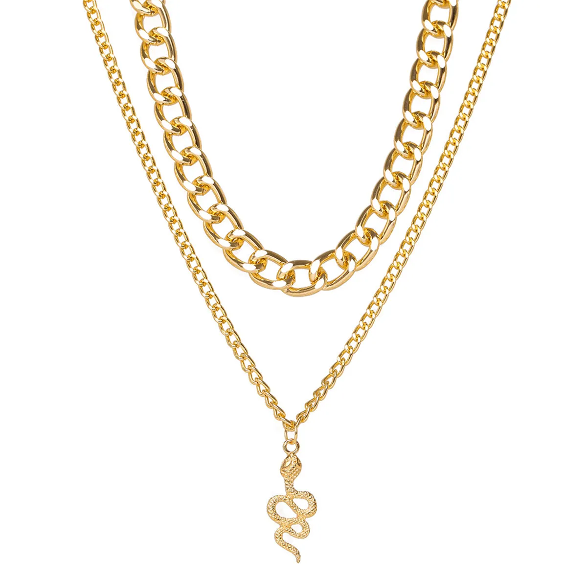 18K Gold-Plated Figaro Chain Snake Layered Pendant Necklace