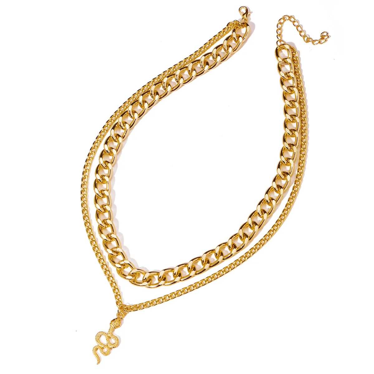 18K Gold-Plated Figaro Chain Snake Layered Pendant Necklace