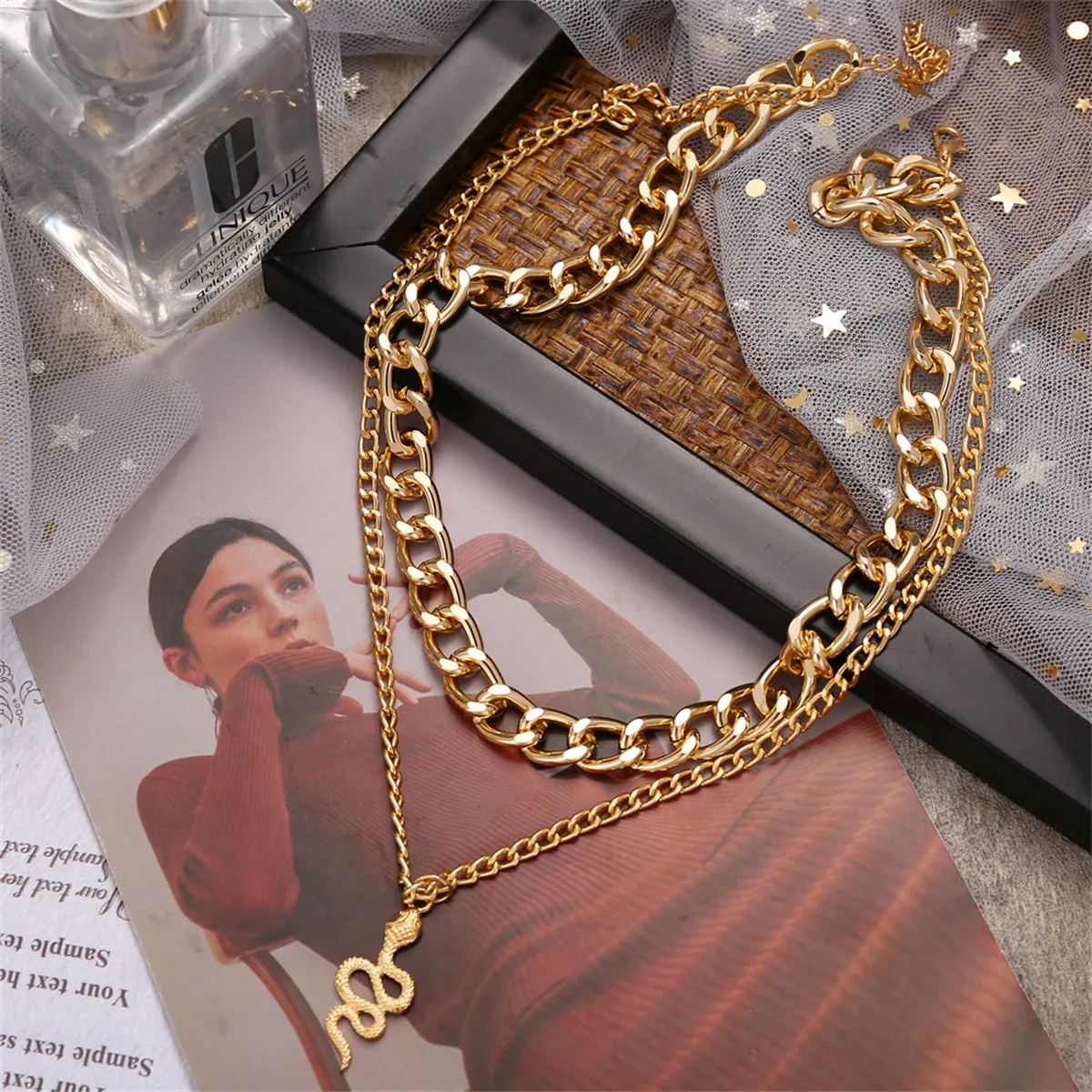 18K Gold-Plated Figaro Chain Snake Layered Pendant Necklace