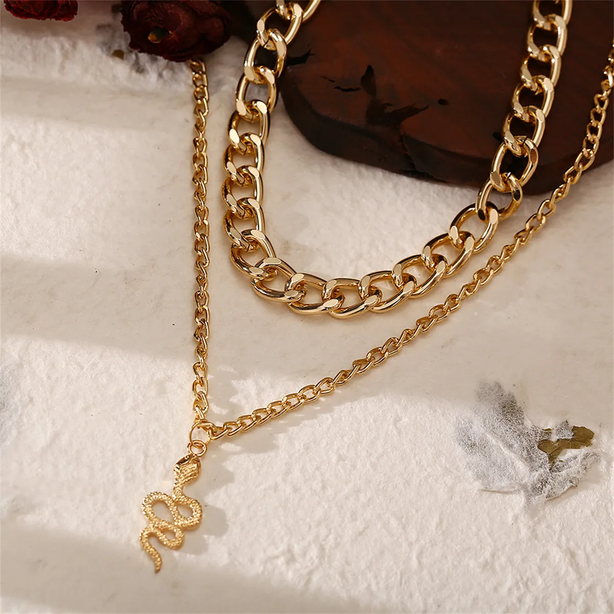 18K Gold-Plated Figaro Chain Snake Layered Pendant Necklace
