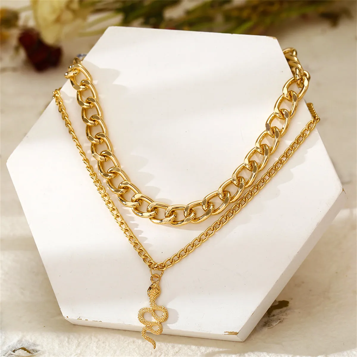 18K Gold-Plated Figaro Chain Snake Layered Pendant Necklace