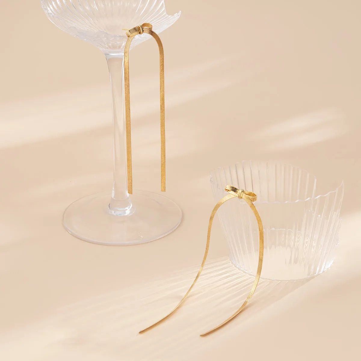 18K Gold-Plated Herringbone Tassel Bow Drop Earrings