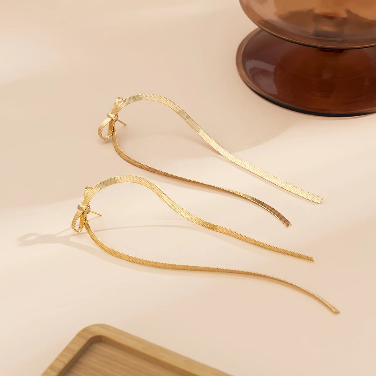 18K Gold-Plated Herringbone Tassel Bow Drop Earrings