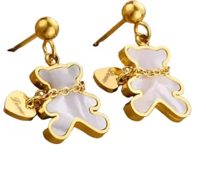 18k Gold Plated Non-Tarnish Bear Earrings with Dangling Engraved "Love" Heart Charm