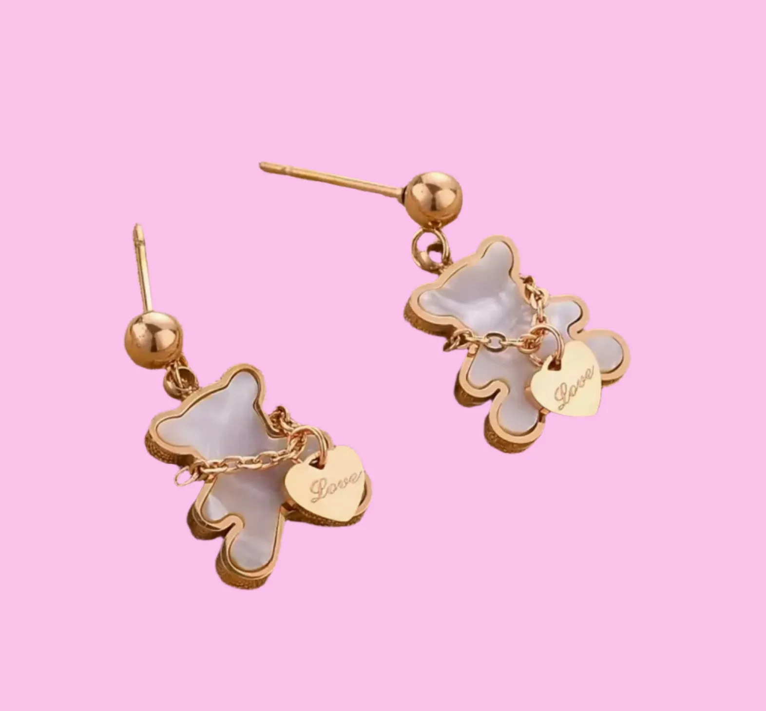 18k Gold Plated Non-Tarnish Bear Earrings with Dangling Engraved "Love" Heart Charm
