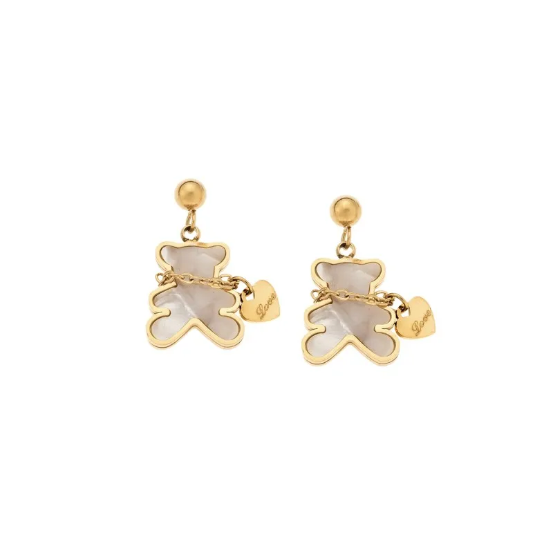 18k Gold Plated Non-Tarnish Bear Earrings with Dangling Engraved "Love" Heart Charm