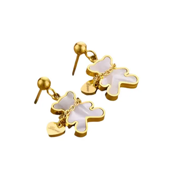 18k Gold Plated Non-Tarnish Bear Earrings with Dangling Engraved "Love" Heart Charm