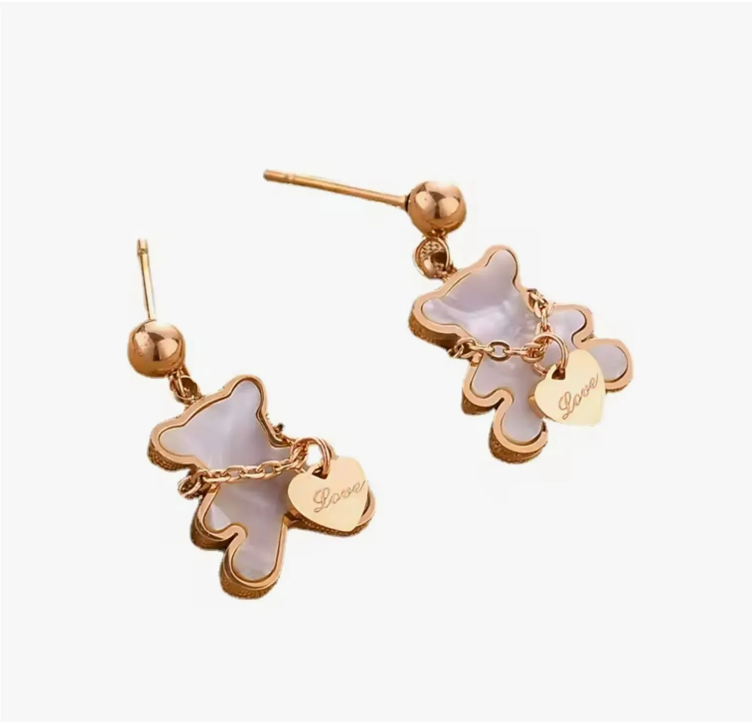 18k Gold Plated Non-Tarnish Bear Earrings with Dangling Engraved "Love" Heart Charm
