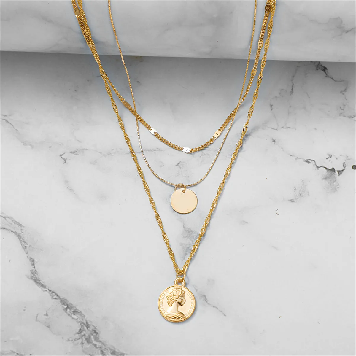 18K Gold-Plated Sequin Coin Pendant Layered Necklace