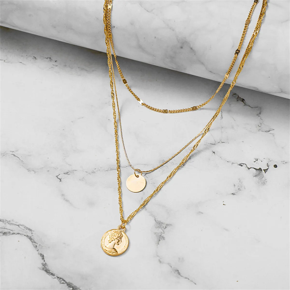 18K Gold-Plated Sequin Coin Pendant Layered Necklace