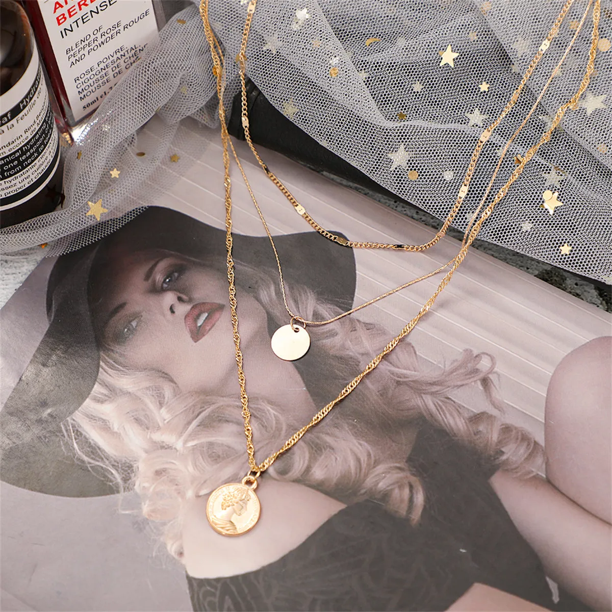 18K Gold-Plated Sequin Coin Pendant Layered Necklace