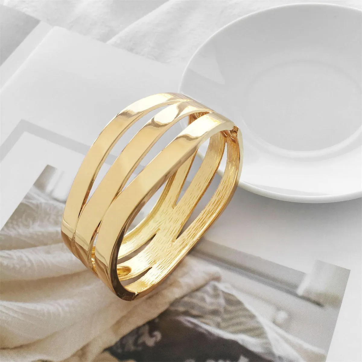 18K Gold-Plated Wave Layered Hinge Bracelet
