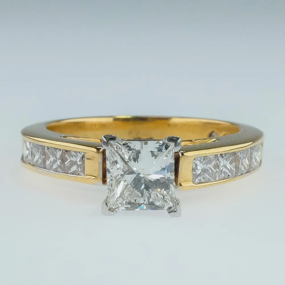 18K Yellow Gold GIA 1.00ct Princess Cut VS2/H Diamond Accented Engagement Ring