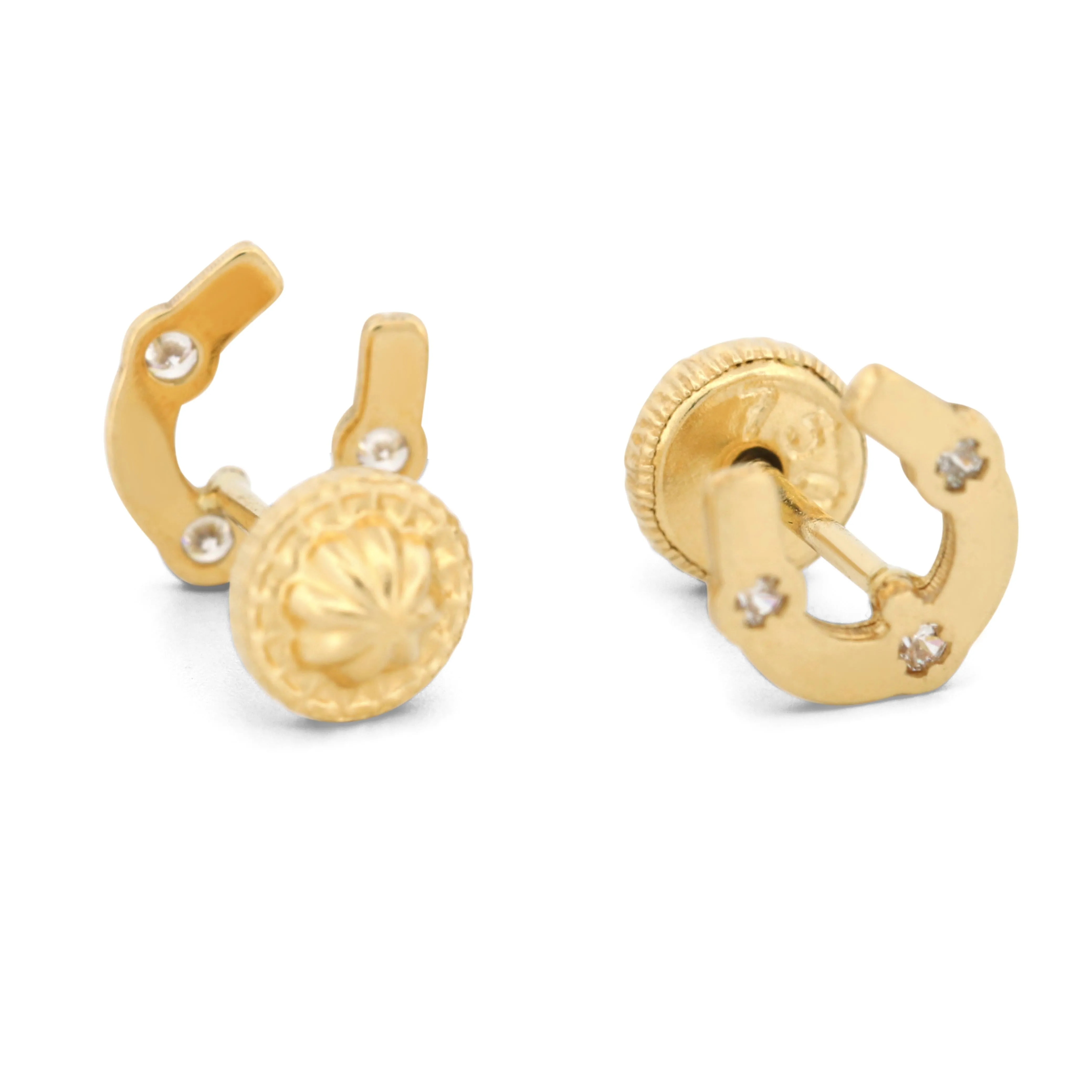 18k Yellow Gold Horseshoe Earrings with CZ Accents and Screw-Backs New