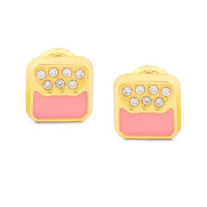 18k Yellow Gold Pink Enamel and CZ Stud Earrings with Screw-Backs - New