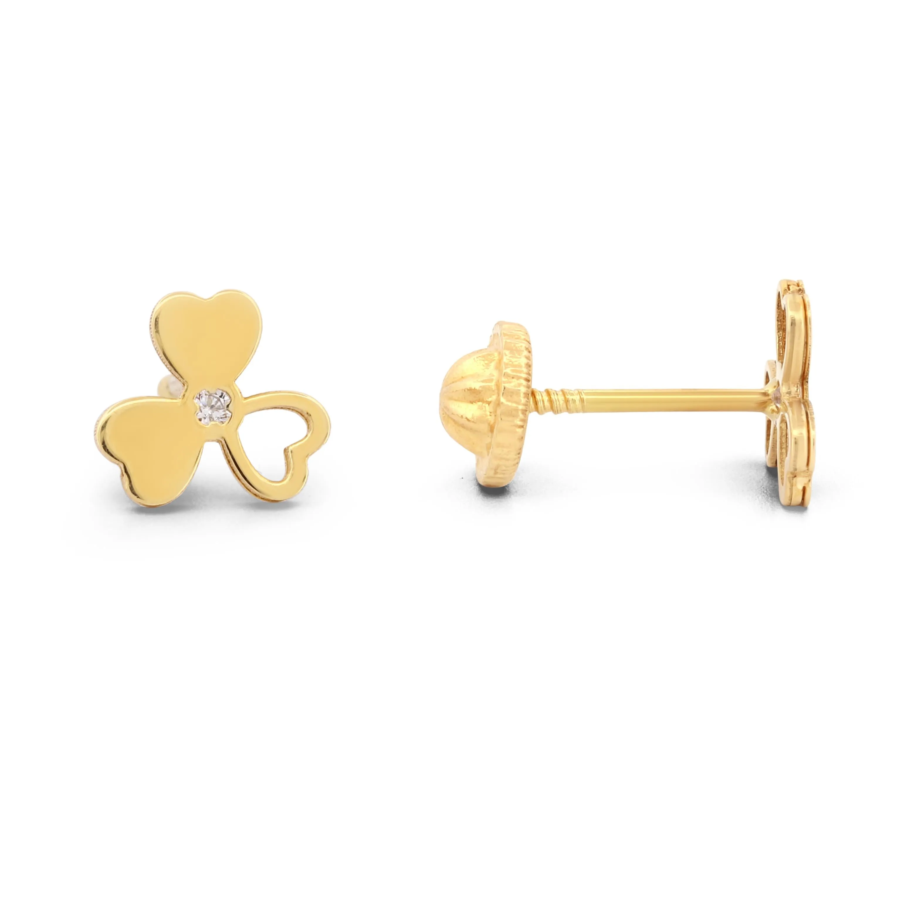 18k Yellow Gold Three-Petal Flower Stud Earrings with Diamond and Screw-Backs