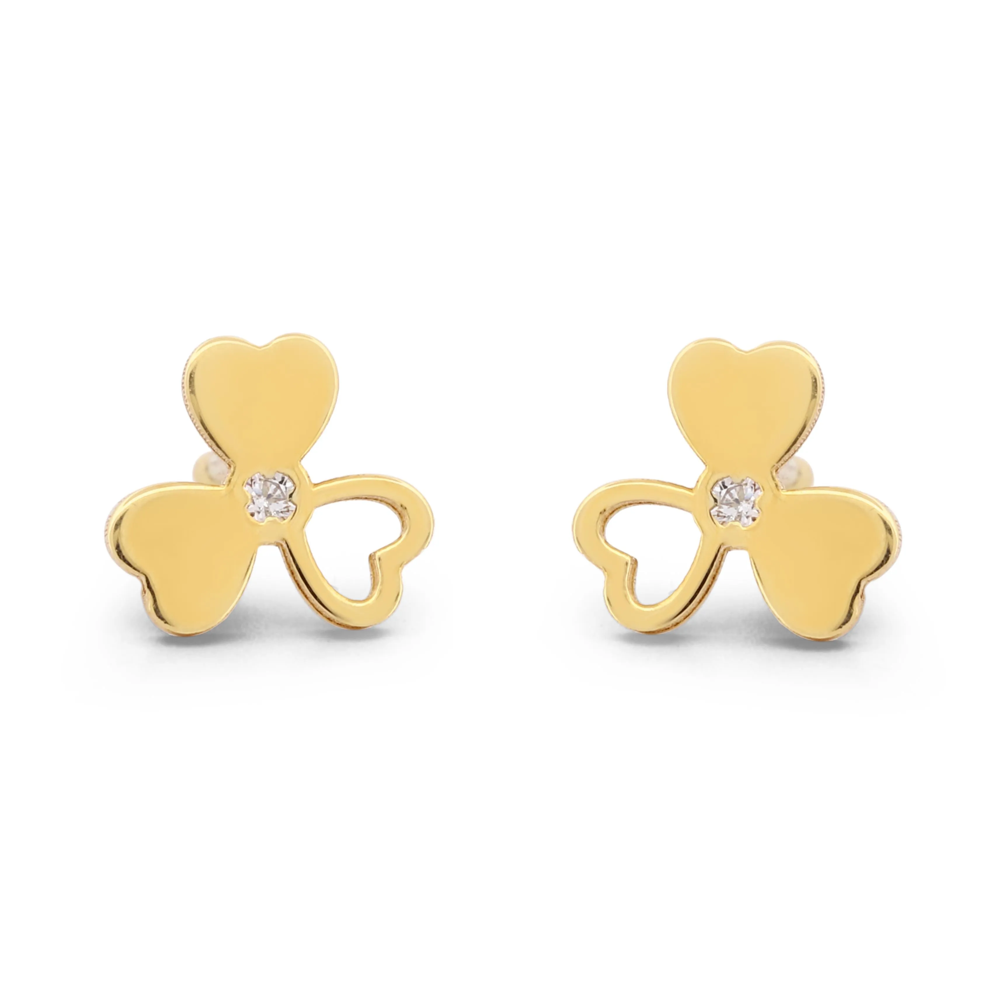 18k Yellow Gold Three-Petal Flower Stud Earrings with Diamond and Screw-Backs