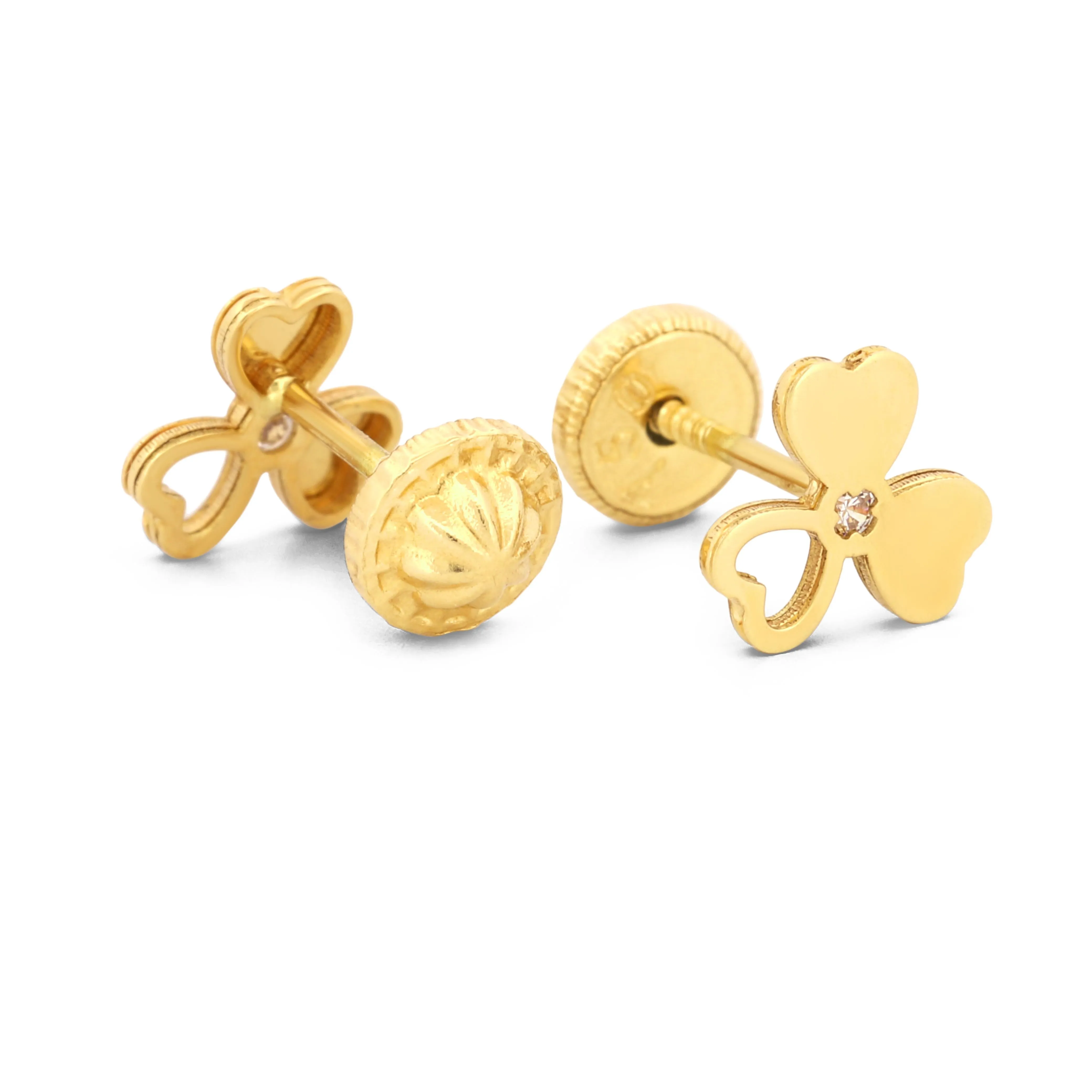 18k Yellow Gold Three-Petal Flower Stud Earrings with Diamond and Screw-Backs