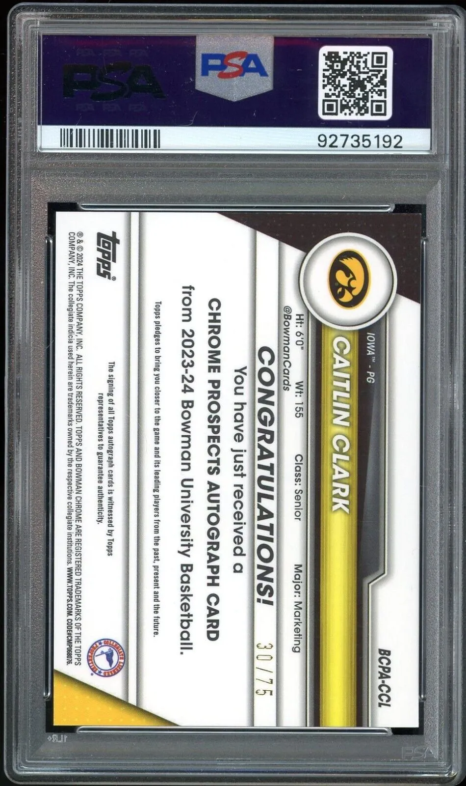 2023 Bowman U Chrome Prospects Yellow #/75 Caitlin Clark Auto PSA 10 GEM MINT