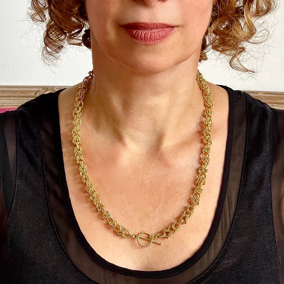 22.25" Handcrafted 24K Gold Vermeil 8.5mm Loose Byzantine Pattern Necklace with Toggle Clasp
