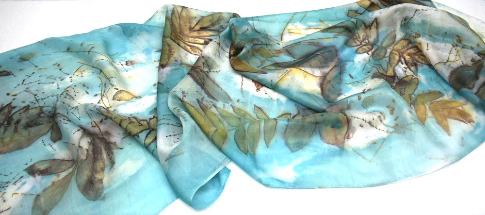 22" x 68" Eco Printed Silk Mesh Fringe Scarf/Shawl