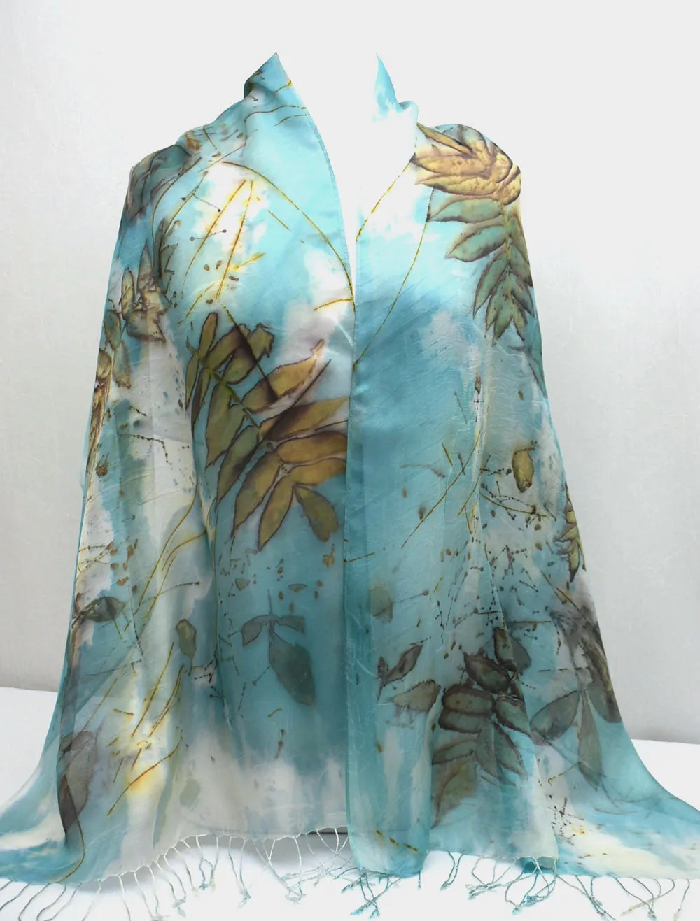 22" x 68" Eco Printed Silk Mesh Fringe Scarf/Shawl