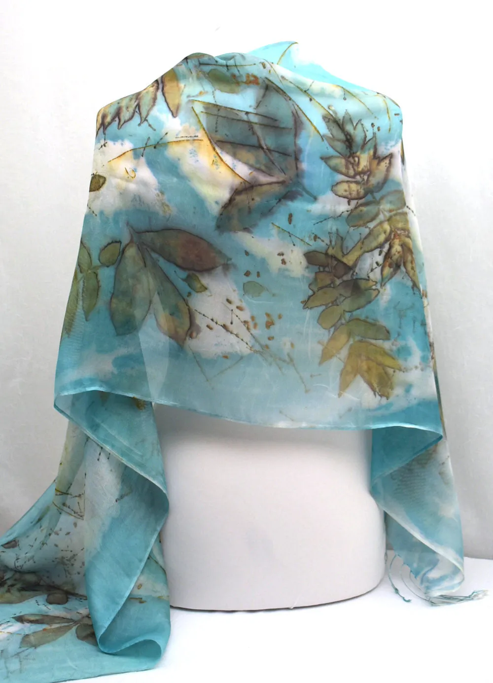 22" x 68" Eco Printed Silk Mesh Fringe Scarf/Shawl