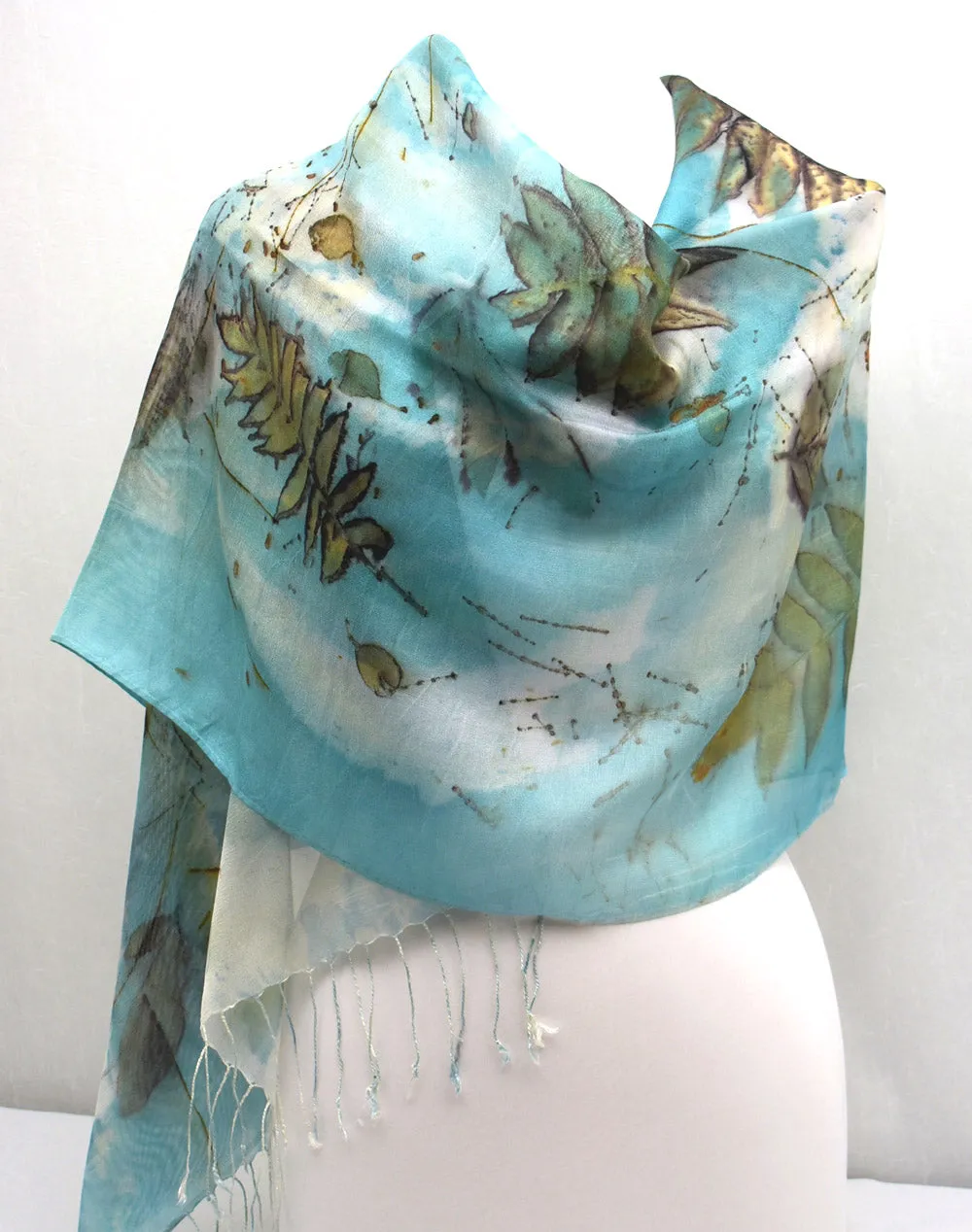 22" x 68" Eco Printed Silk Mesh Fringe Scarf/Shawl