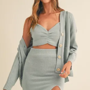 3 Pieces Sweater Set with Crop Cami, Mini Skirt, Cardigan