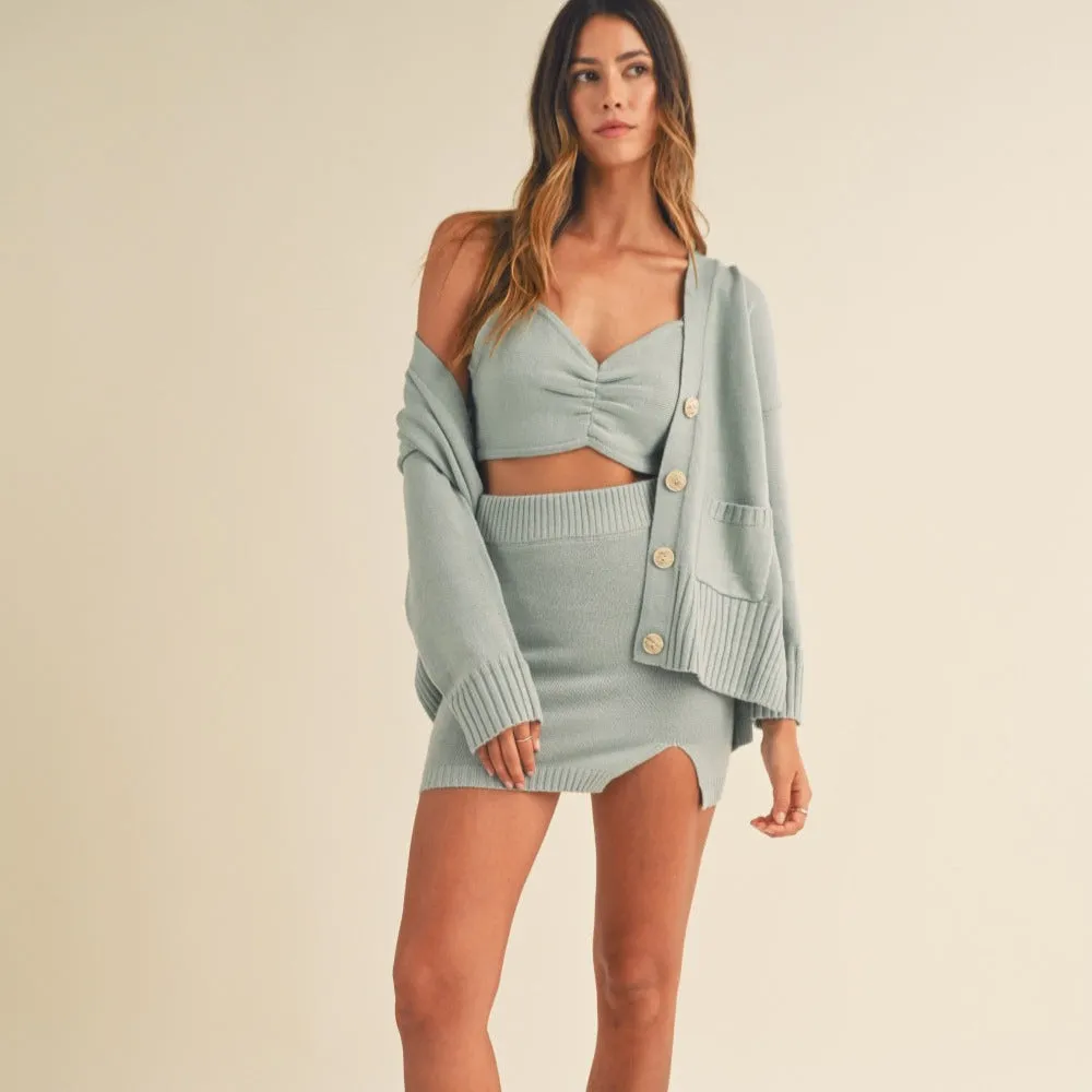 3 Pieces Sweater Set with Crop Cami, Mini Skirt, Cardigan