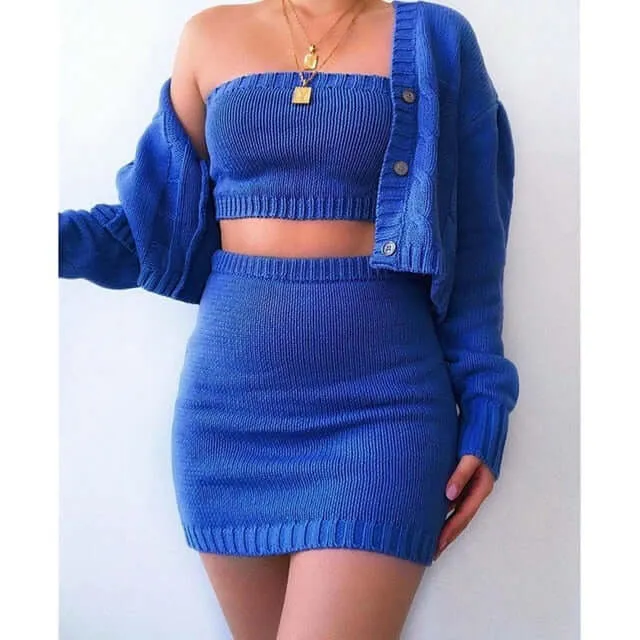 3Pcs Women Sexy Knitted Outfits Autumn Winter Sweater Sets