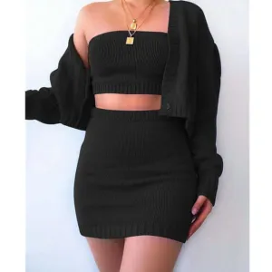 3Pcs Women Sexy Knitted Outfits Autumn Winter Sweater Sets
