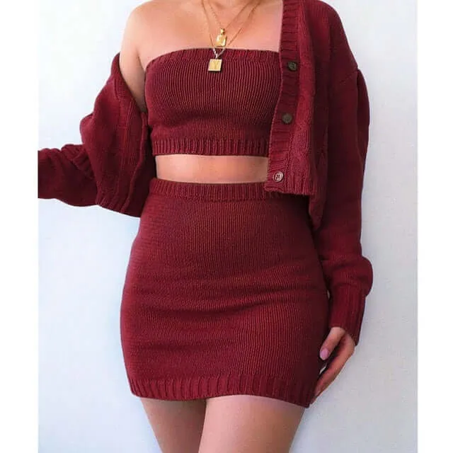 3Pcs Women Sexy Knitted Outfits Autumn Winter Sweater Sets