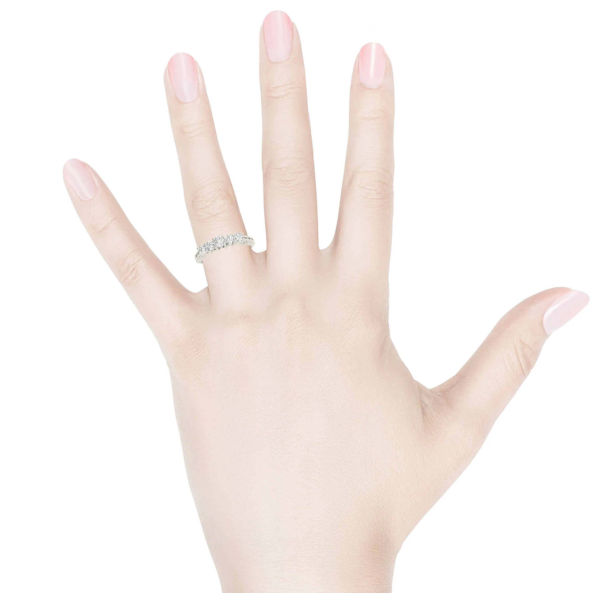 5 Stone Round Diamond Wedding Band Filigree Accent Anniversary Ring