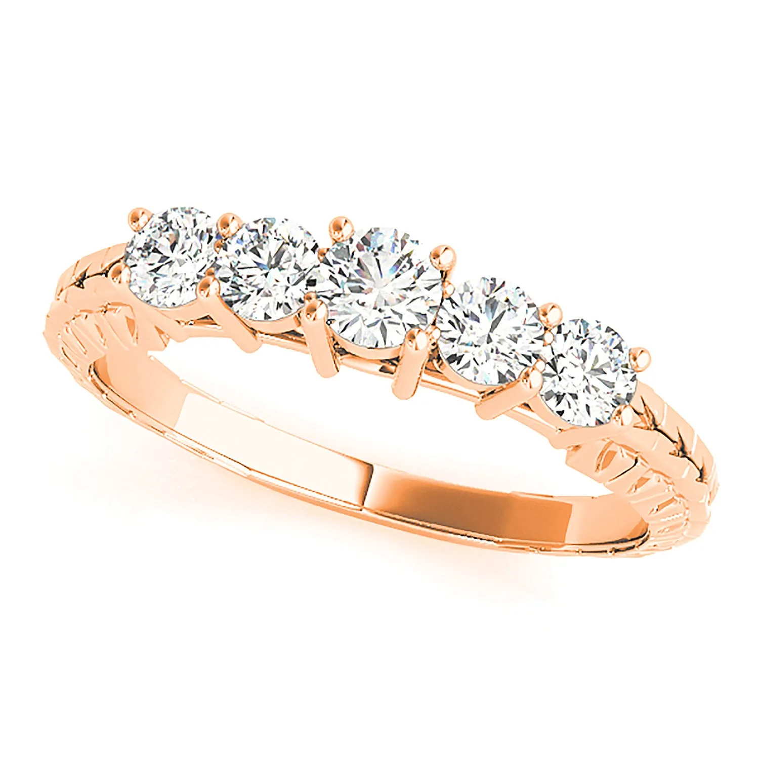 5 Stone Round Diamond Wedding Band Filigree Accent Anniversary Ring