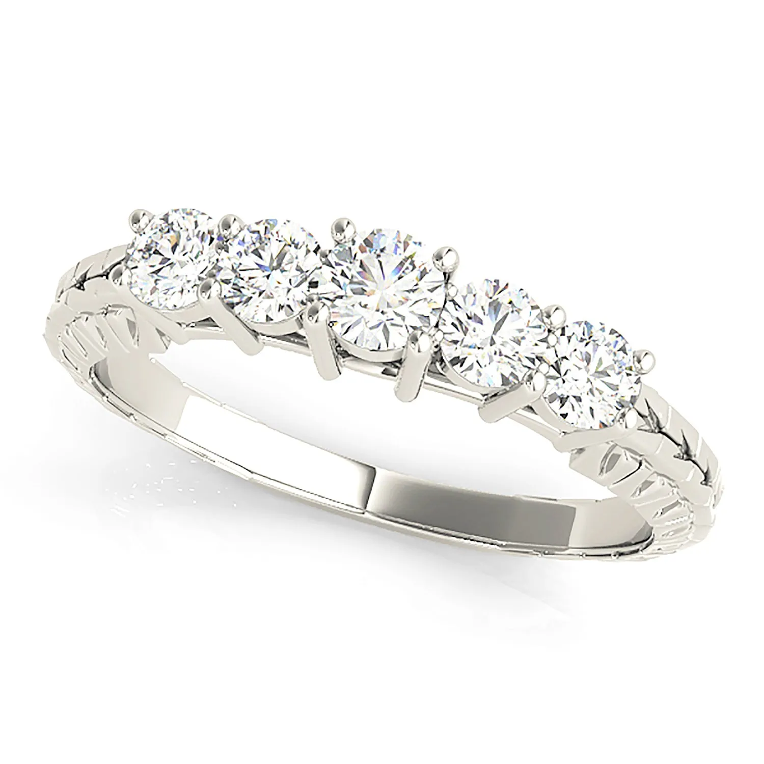 5 Stone Round Diamond Wedding Band Filigree Accent Anniversary Ring