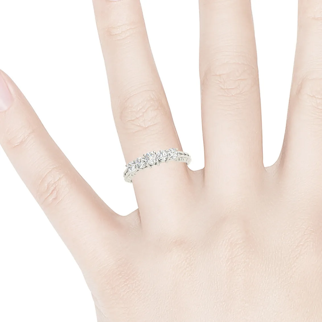 5 Stone Round Diamond Wedding Band Filigree Accent Anniversary Ring