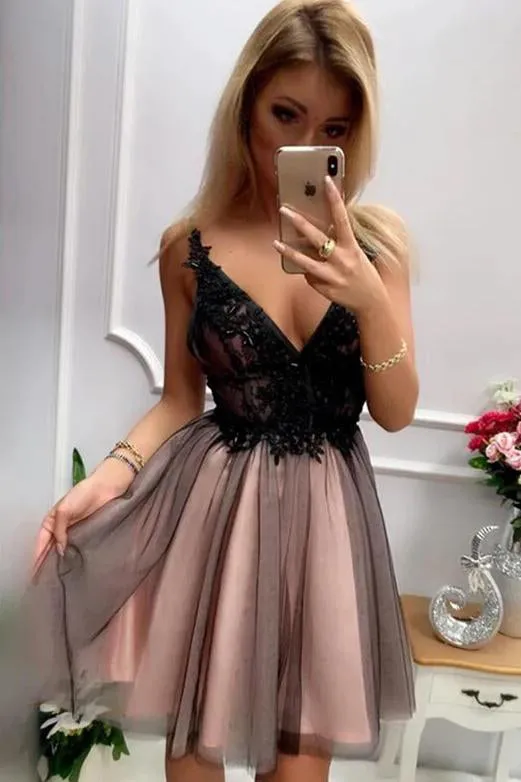 A Line Stylish V Neck Short Homecoming Dresses with Appliques OHM015
