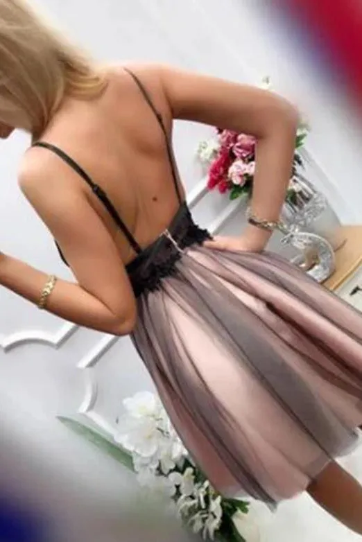 A Line Stylish V Neck Short Homecoming Dresses with Appliques OHM015